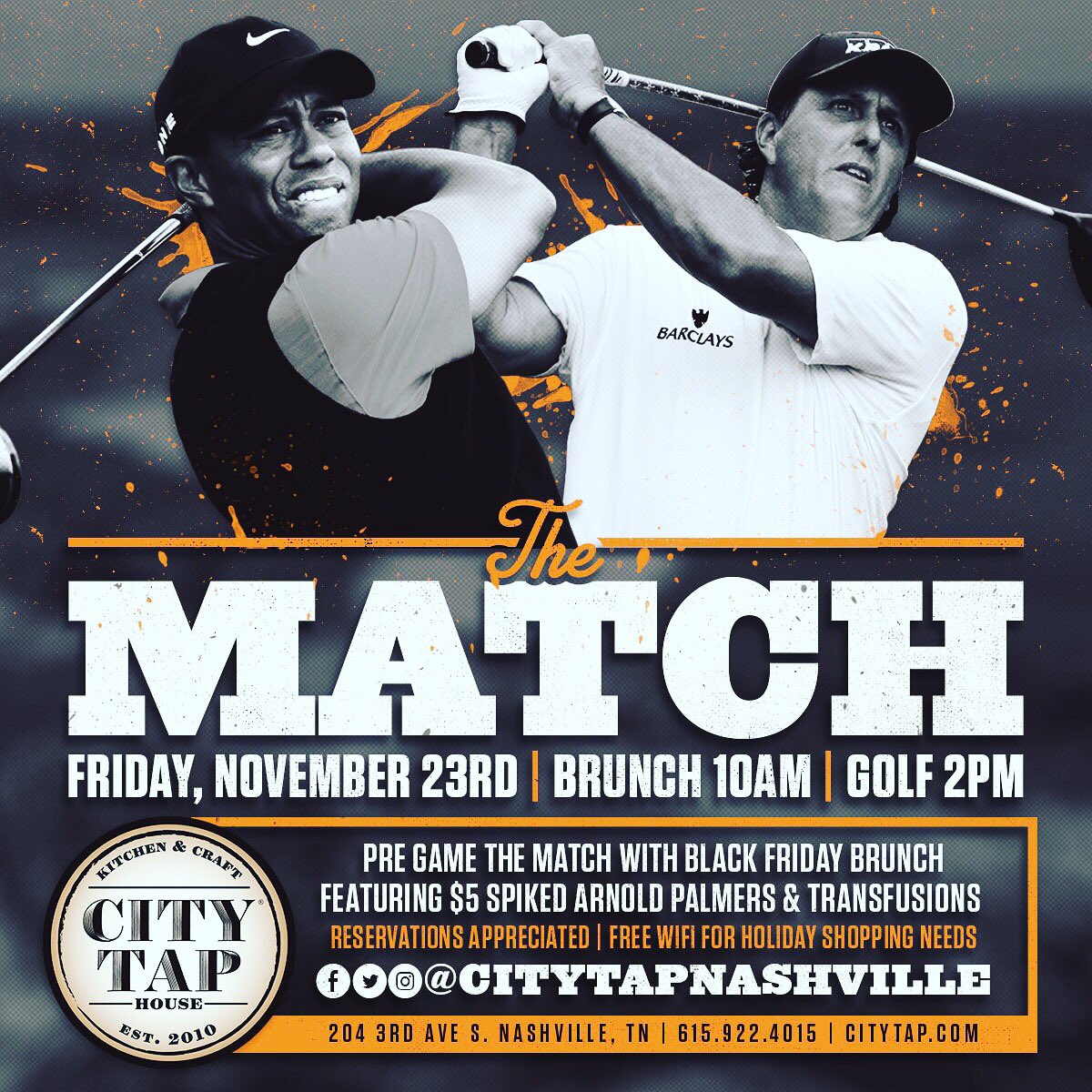 Attention #Nashville golf lovers and brunch fiends. Join us on #BlackFriday for a live viewing of The Match #TigervsPhil. <a href="/nashvilleguru/">Nashville Guru</a> <a href="/NashvilleScene/">Nashville Scene</a> <a href="/nashvillebiz/">Nashville Business Journal</a>