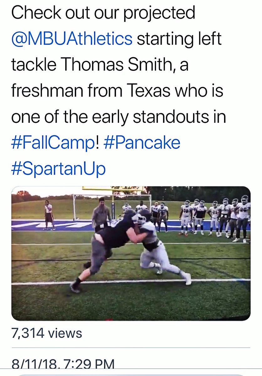 MBUFootball's tweet photo. TWITTER POSTING RECORD: Did you know the most watched video clip in our history we posted on Twitter generated over 7,300 views? #ThomasSmith #FallCamp18 #Pancake #SpartanUp #DataAnalytics @MBUAthletics @MoBaptistU @D1STLWest @mbutimeline https://t.co/rkj7lJgfJy