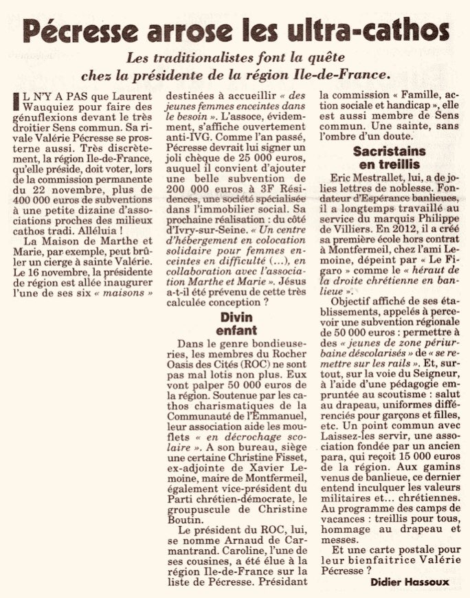 Sansdieux's tweet photo. Dans le Canard enchaîné on apprend que @vpecresse a accordé plus de 400 000 euros de subventions à des associations de catholiques traditionalistes, dont plusieurs sont spécifiquement contre l'IVG. https://t.co/n0XGejH27E