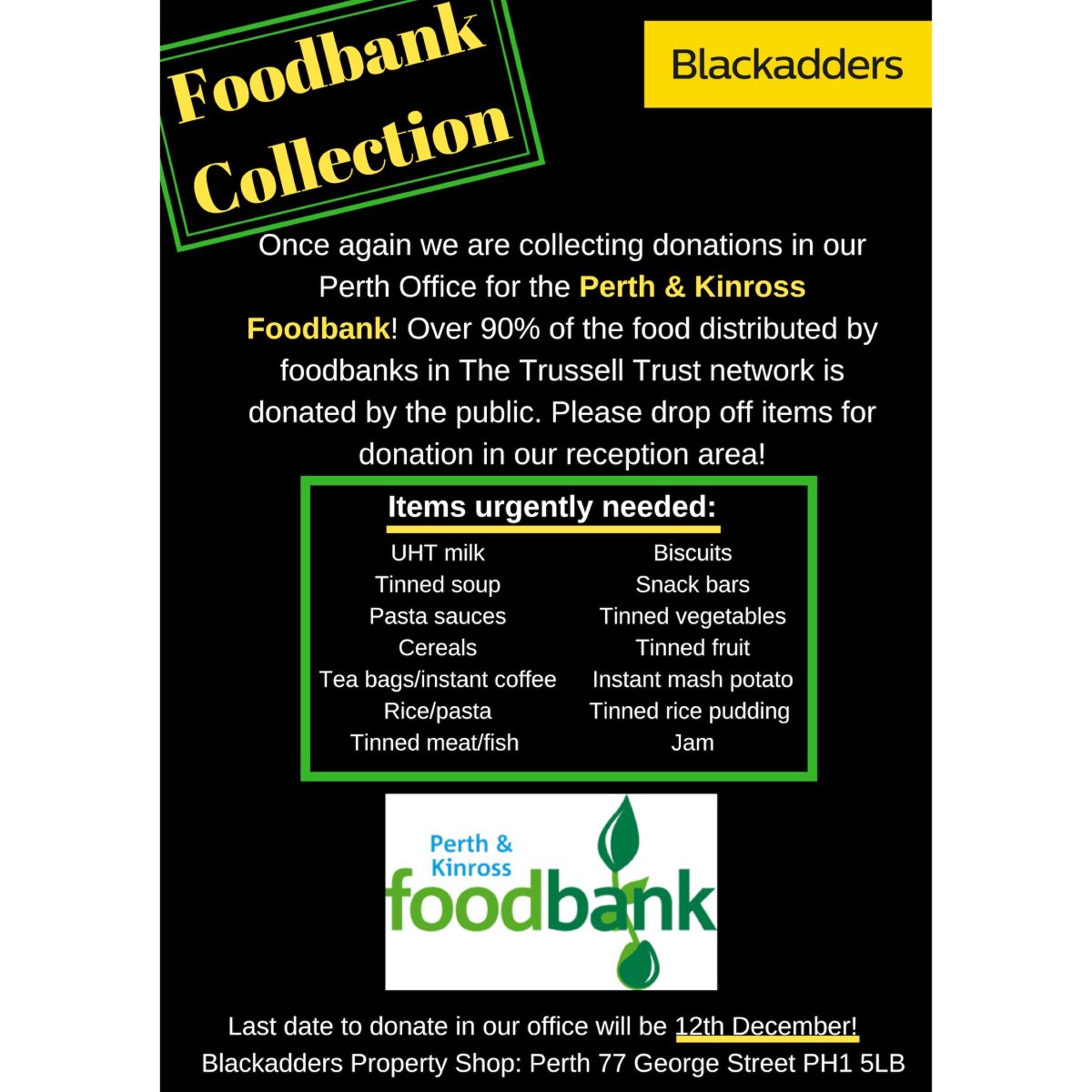 Once again we are collecting donations in our Perth Office for the Perth &amp; Kinross Foodbank! Please help us by dropping off donations in our reception area!📦The last date to donate in our office will be 12 December! 
➡️Where: 77 George Street, Perth, PH1 5LB

#Charity #Foodbank