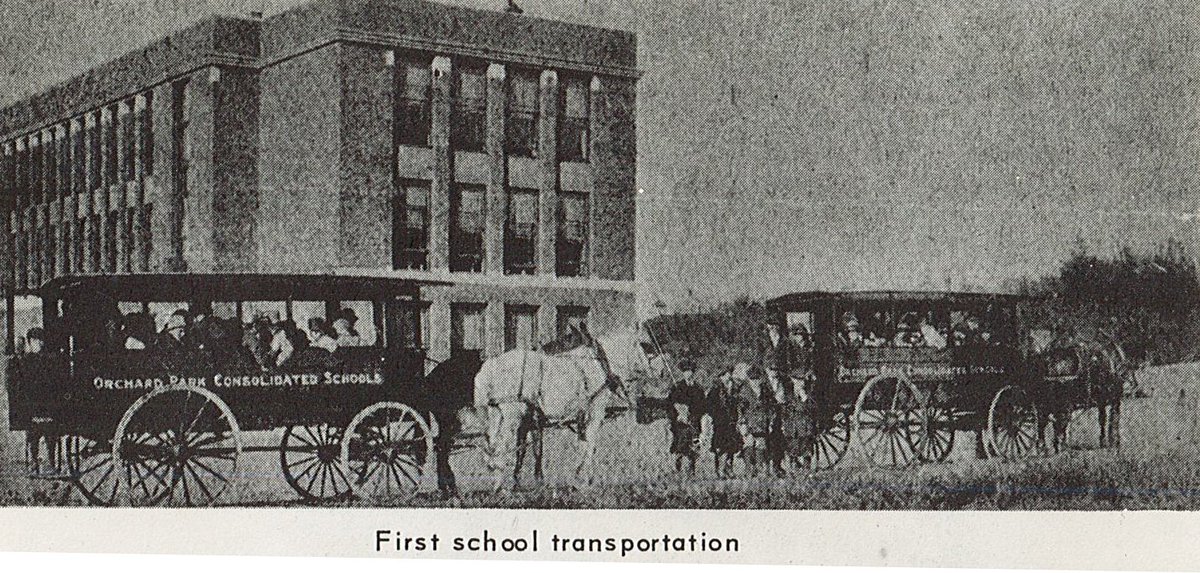 If you were an OP student in 1912, this is how you got to school! Photo taken from the book 'Orchard Park Before We Remember' by John N. Printy. #honoringourhistory #120yearsofexcellence #throwback #thankfulforschoolbuses