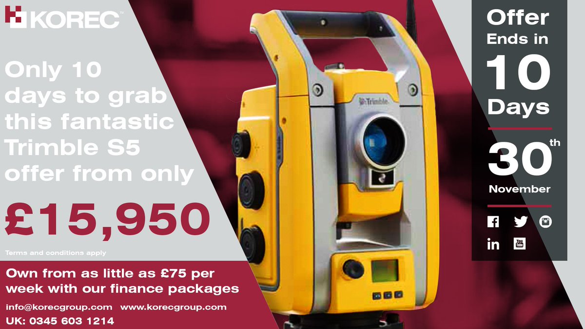 KORECGroup's tweet image. We told you there would be a countdown! 😲 10 days left until this offer is no more. What? That&apos;s right...Better call us today: 0345 603 1214!  

More info: bit.ly/WinterSaleS5 #WinterSale #TrimbleS5