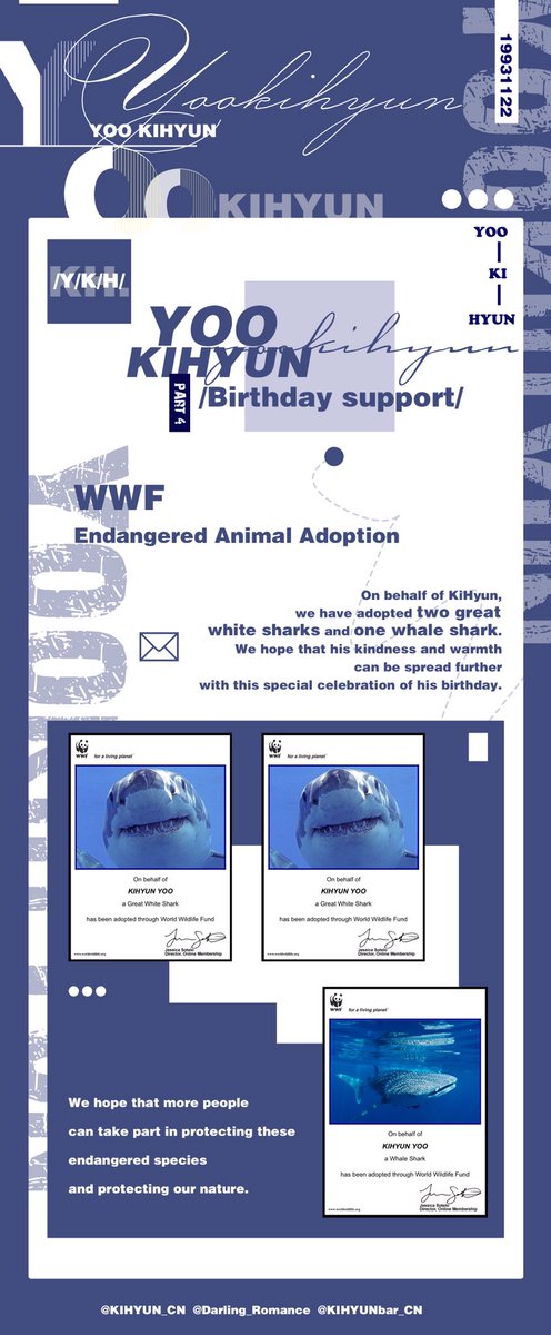 Darling_Romance's tweet photo. #1122HBDKIHYUN 🎂
2018.11.22 KIHYUNDAY PROJECT.4
On behalf of Kihyun, we have adopted two great white sharks and one whale shark. 🦈
We hope his kindness can be spread further with this special celebration of his birthday!
@KIHYUNbar_CN @KIHYUN_CN @Darling_Romance 
#KIHYUN #기현 https://t.co/eNihOKWuHe