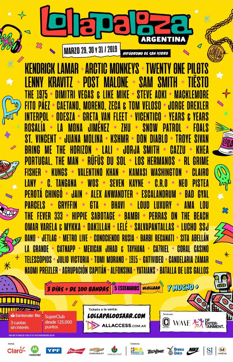 📣 <a href="/lollapaloozaar/">Lollapalooza Argentina</a> confirma el #LineUp de su sexta edición.
<a href="/kendricklamar/">Kendrick Lamar</a>, <a href="/ArcticMonkeys/">Arctic Monkeys</a> y <a href="/twentyonepilots/">twenty one pilots</a> serán sus #Headliners.