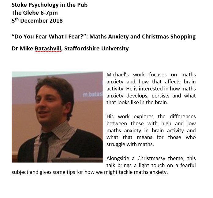 Golly December is almost upon us....time to put December 5th in your diary, for this is the date of the next Stoke pitp and we have @MikeBatashvili speaking about maths anxiety AND xmas shopping! <a href="/StaffsPsych/">Staffs Uni Psychology</a> <a href="/KeelePsychology/">Keele Psychology</a>