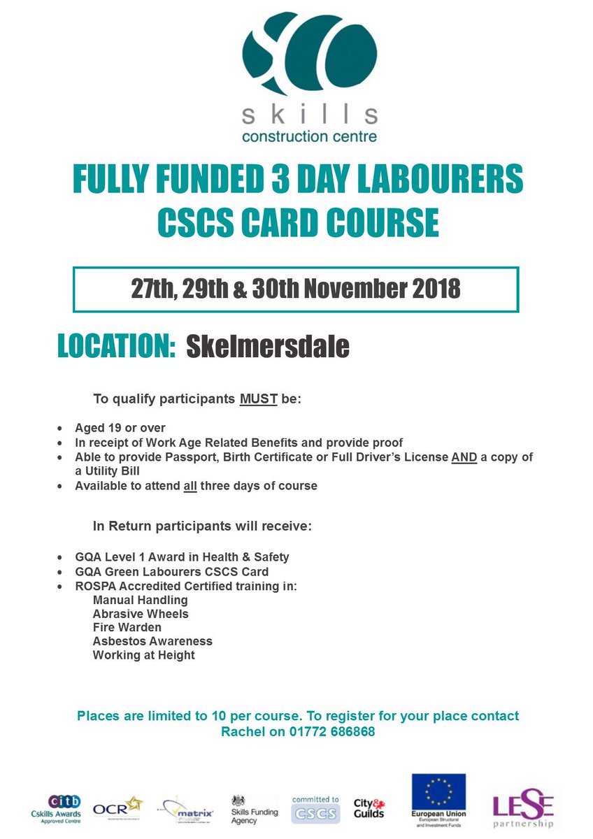 Are you looking to get a CSCS Card?
 Are you 19+?
 Are you in receipt of work age related benefits?
 Book your place on our Fully Funded 3 day Labourers CSCS Card Course on 27th, 29th &amp; 30th November at Skelmersdate Ecumenical Centre
