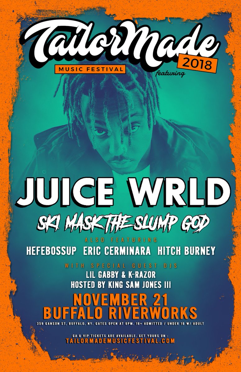 Fanbassador's tweet photo. 🔥 TONIGHT - Tailor Made 2018 ft. @JuiceWorlddd with @THESLUMPGOD, HefeBosssup, Hitch Burney, Eric Cerminara and a special DJ set by Lil Gabby at Buffalo RiverWorks. Doors open at 6pm - tickets available at the show! 🔥 https://t.co/5A2iiTyv7E