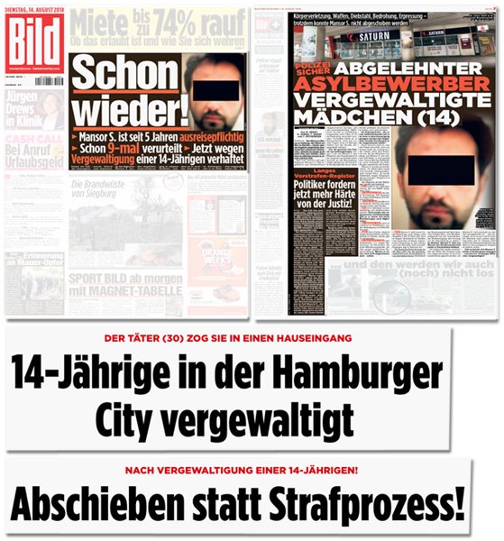 Die Staatsanwaltschaft Hamburg hat ihre Ermittlungen gegen einen Afghanen eingestellt: Das vermeintliche Opfer hatte die Tat erfunden, der Mann hat die 14-Jährige nicht vergewaltigt. Die <a href="/BILD/">BILD</a>-Medien hatten ihn aber längst als Vergewaltiger verurteilt: bildblog.de/104343/schon-w…