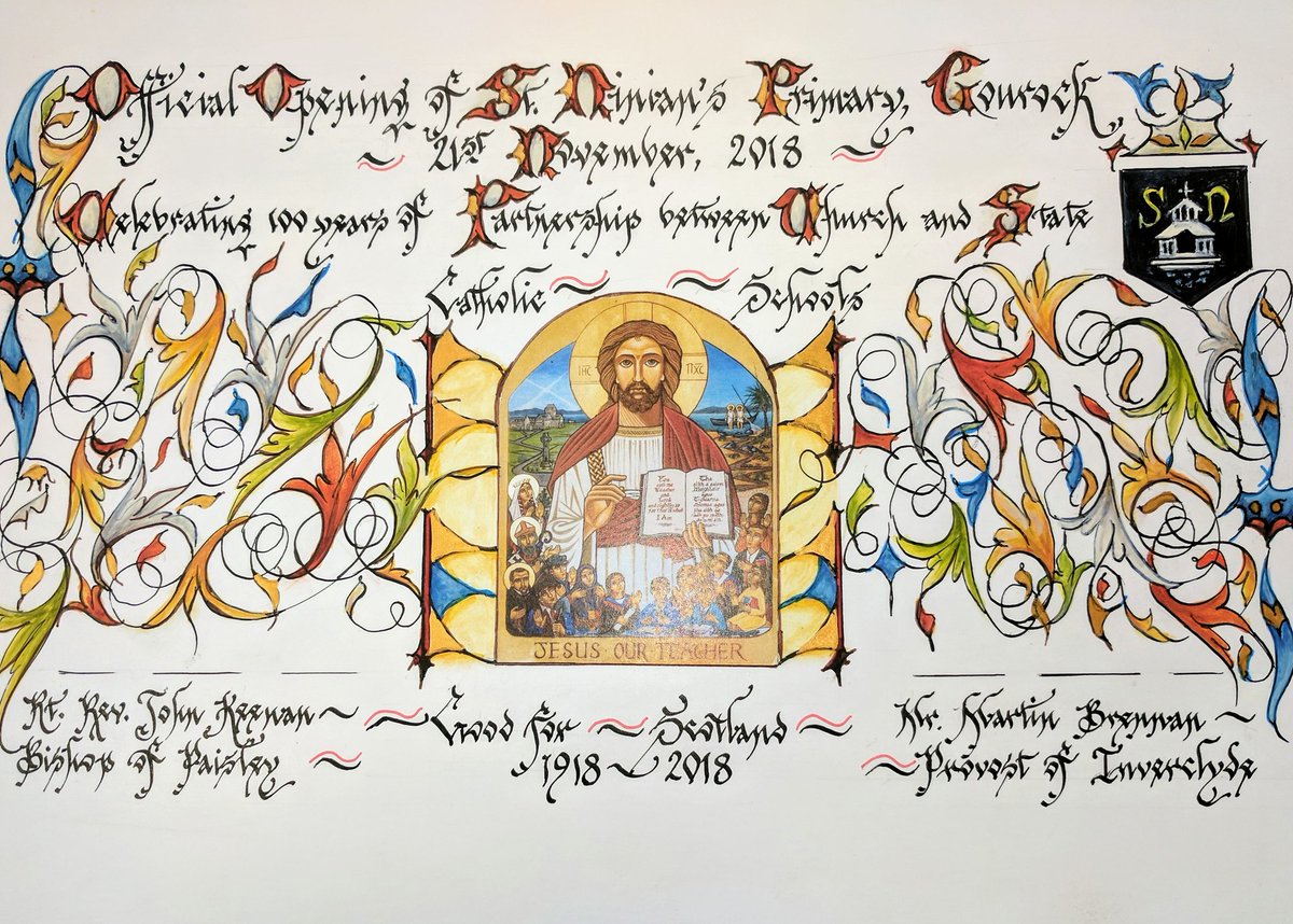 Great day at St. Ninian's Official Opening today, on the anniversary of the signing of the 1918 Education Act. Bishop John and Provost Martin Brennan signed a specially designed certificate marking the occasion. Once again Church and State in Partnership.