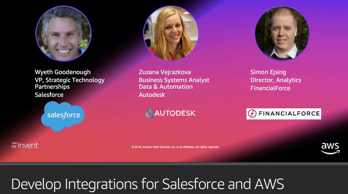 If you're heading to Vegas next week for #reInvent2018, check out our session on 11/26 @ 3:15pm (@ The Venetian, Titian 2205) to learn how to develop integrations for #Salesforce &amp; #AWS. Hear from <a href="/wyethg/">Wyeth Goodenough</a> of <a href="/salesforce/">Salesforce</a>, Zuzana Vejrazkova, of <a href="/autodesk/">Autodesk</a>, and our own <a href="/simonkejsing/">Simon Ejsing</a>.