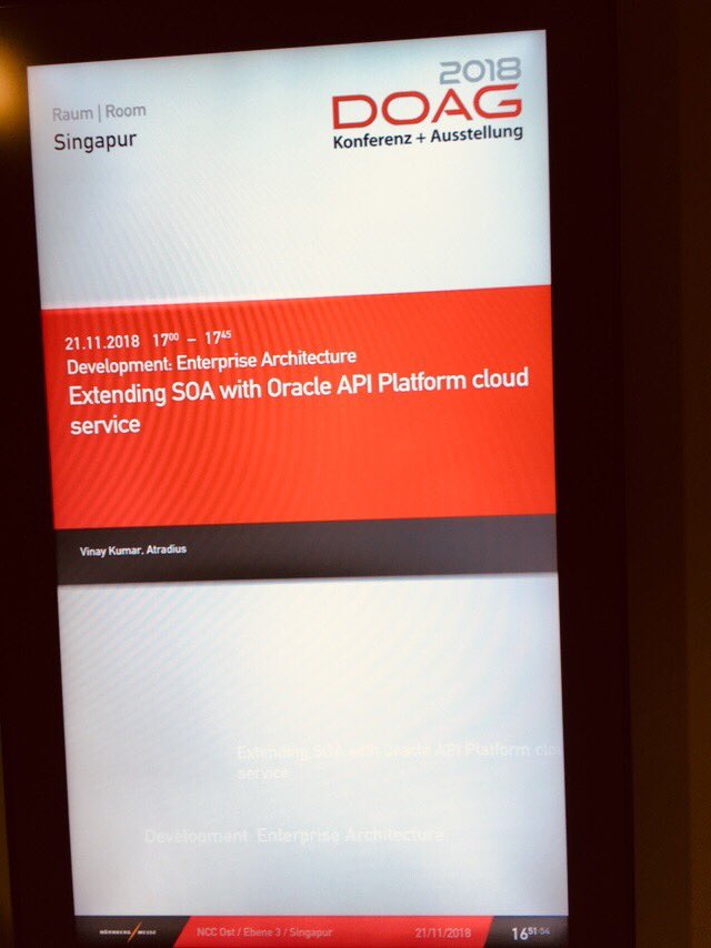 vinaykuma201's tweet photo. All set of next talk on #API #APIManagement #APIDesign #oracleapiplatform #PaaS #DOAG18 @groundbreakers @oracleace https://t.co/KiLiMFSnPY