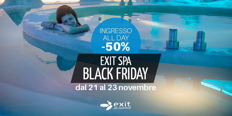 ExitSpa's tweet image. Il #BlackFriday da noi è già arrivato: hai tempo fino al 23 novembre per acquistare #benessere, #relax e nuova #vitalità a metà prezzo. Approfittane subito! Per saperne di più bit.ly/2AU1RQQ