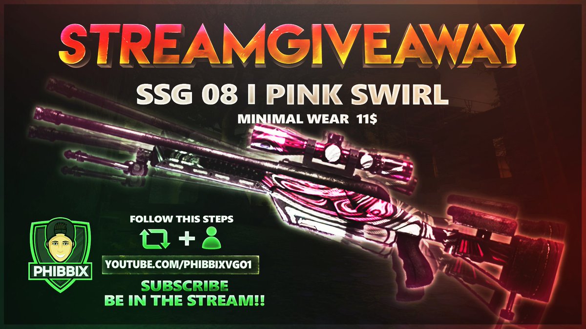 PhibbiX's tweet photo. ★ STREAM GIVEAWAY ★

★ SSG 08 I PINK SWIRL (MW)  11$  

✅Follow @PhibbiX 
✅RT + LIKE
✅TAG 2 FRIENDS
✅MUST BE INSTREAM ->  https://t.co/EF1kefJ9hB            

#vgo #vgogiveaway #CSGOgiveaway
#waxonstream @wax_io @VGO_gg https://t.co/Bd243c8HzT