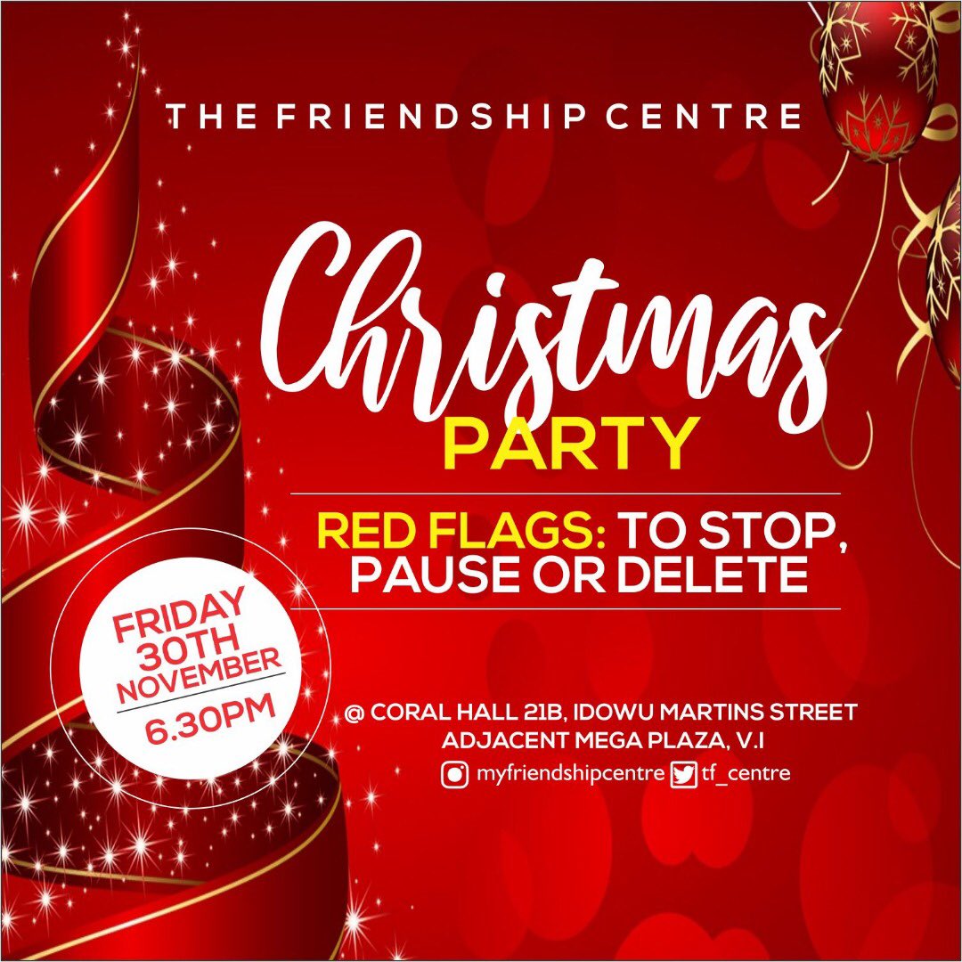 tf_centre's tweet photo. What’s happening? TFC Christmas Party is happening. So tell a friend to tell a friend as we wrap up this year’s meeting with this mega fun hangout. More details on flier. @felabankolemoh @ThotsOnTees @Sethorunzi @mayosday @tundeopaleye @Sincima @shogalistic https://t.co/wFMYi9QHAC