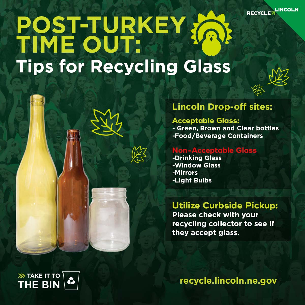 Happy Holidays, #LNK! This holiday, we'd like to remind everyone of recycling best practices. When recycling glass: green, brown and clear bottles and food/beverage containers are recyclable. Broken glass, ceramic, window glass, and drinking glass aren't. lincoln.ne.gov/city/pworks/so…