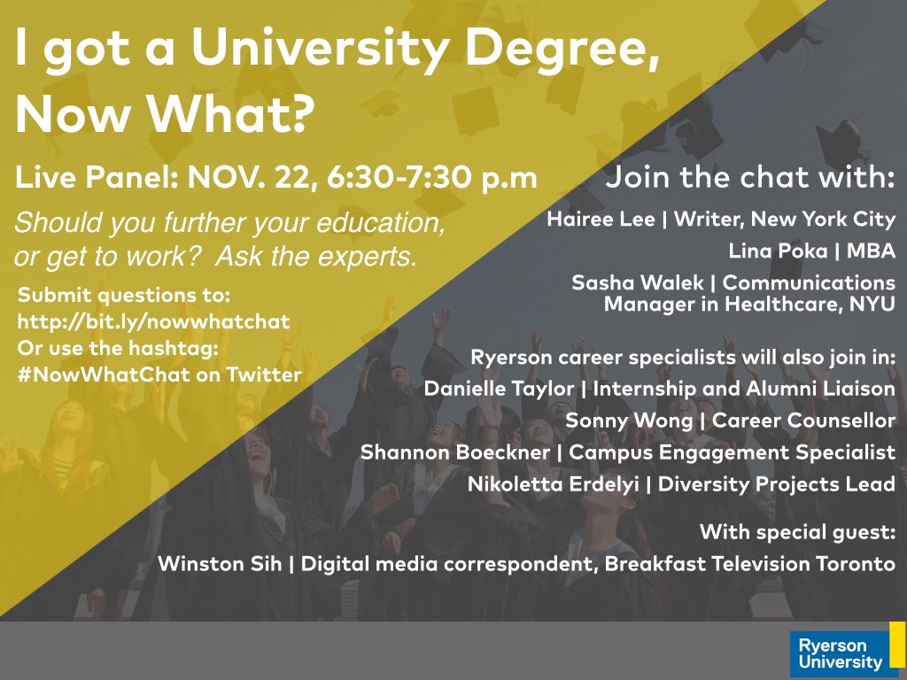 mkrasilczuk's tweet photo. 2 days until #NowWhatChat, will you be tuning in? Join in to hear guest speakers talk about their experience and advice on what to do after graduation! https://t.co/iW9ICIFju1