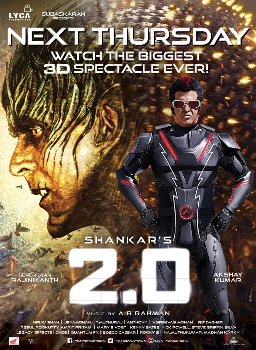 movilti's tweet photo. Get Ready! 
NEXT THURSDAY...WATCH THE BIGGEST 3D SPECTACLE EVER!
#2Point0 #2Point0FromNov29 

Superstar #Rajinikanth #akshaykumar #AmyJackson #shankarshanmugh #arrahman #resulp  #LycaProductions #DharmaProductions #divomovies #NVRCinema https://t.co/zvmTCTZnFI