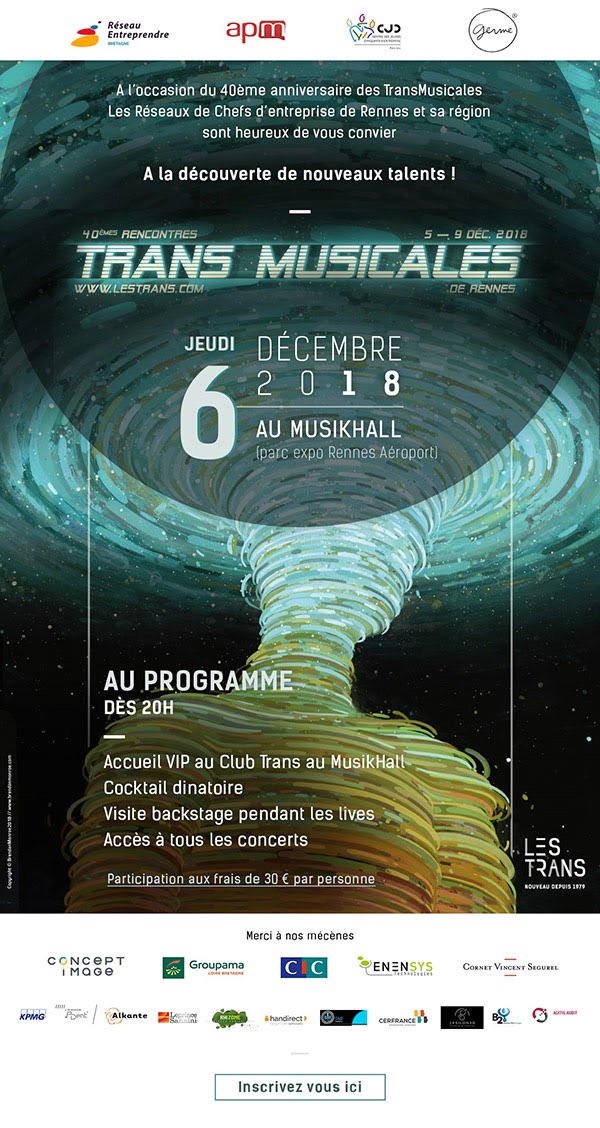 À l'occasion de la 40ème édition Trans Musicales à #Rennes, un événement réseau, réunissant le REB, l'APM, GERME et le CJD, est organisé le 6 décembre 2018 à 19h00 ! #Trans2018
Inscription en ligne : bit.ly/2TAPDUz