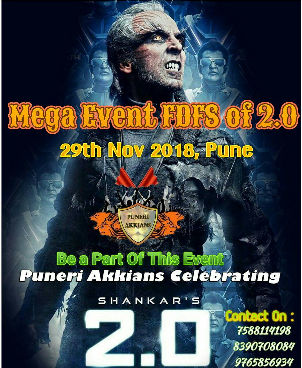 Celebrating #FDFS of @2Point0movie ,Be a Part of This Mega Event .. Contact to Join us .
@akshaykumar @LycaProductions @PuneGuide @FCPuneCity @DharmaMovies @hashPune #Pune #2Point0FromNov29 #2point0