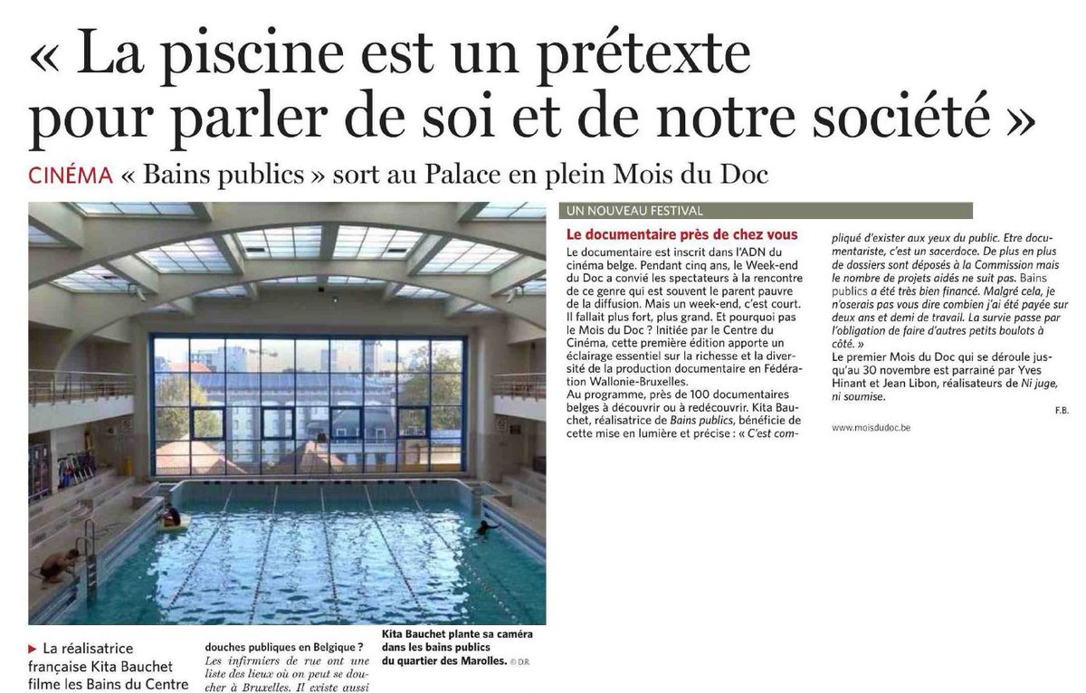 Article de #FabienneBradfer sur @BainsPublics de #KitaBauchet et le Mois du Doc dans <a href="/lesoir/">Le Soir</a> de ce mercredi 21/11

Article à lire ici: goo.gl/MCwDqw #documentaire #MoisduDoc2018