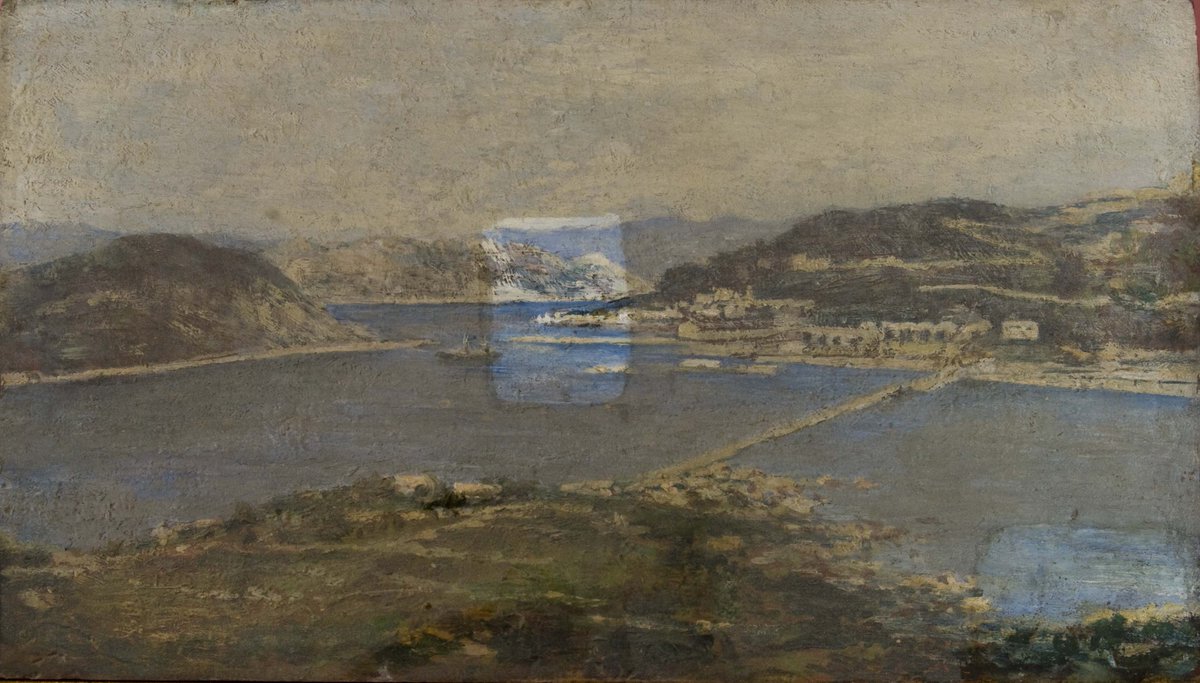 La Maddalena  vista dall’isola di Caprera,  Anna Maria Cariolato, XX secolo
Collezione Savoia
Particolare del tassello di pulitura della superficie ingiallita.
#painting #museum #collection #tuscany #restauration
