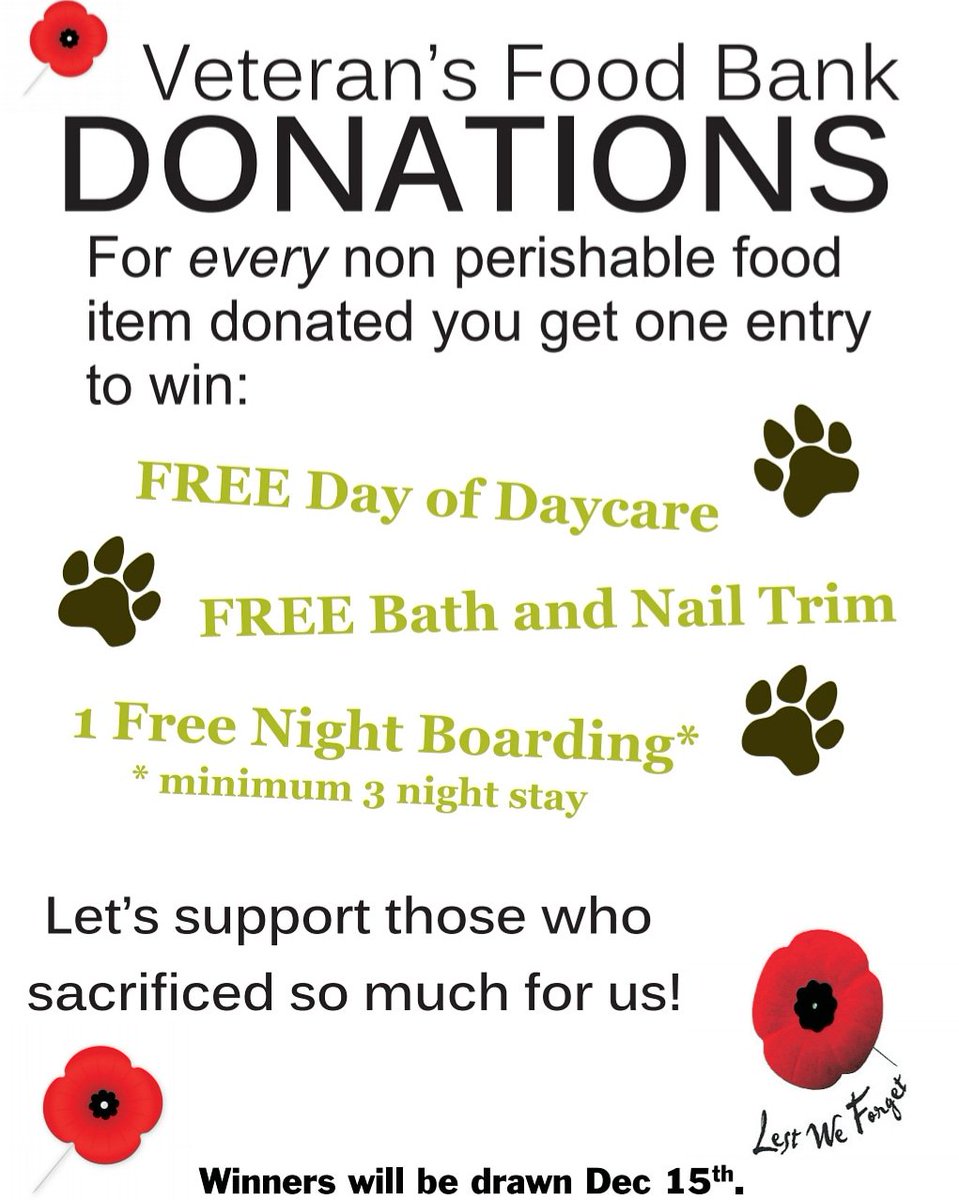 Receive a ballot for each non perishable food item brought it in and win a free service! Donation deadline is Dec. 14th, winners will be drawn on Dec. 15th. 🐶
#veteransfoodbank #donate #foodbank #draw #win #yyc #calgary #lestweforget #remembranceday