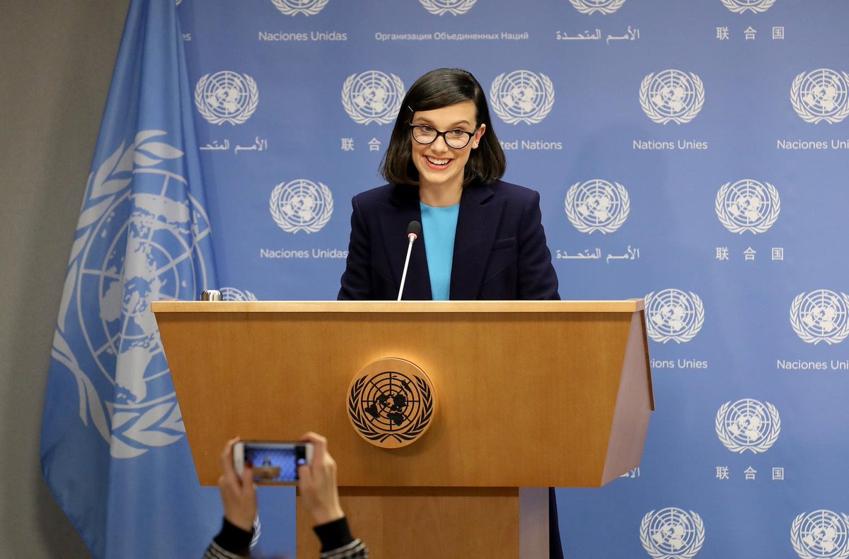 UNICEF_france's tweet photo. Hier, à l'occasion de la #JournéeeMondialedelEnfance, la jeune actrice Millie Bobby Brown de la série #StrangerThings, a été nommée ambassadrice de bonne volonté de l'@UNICEF. À 14 ans, elle devient notre plus jeune Ambassadrice itinérante #pourchaqueenfant ! 💙 https://t.co/8ijmcMw4Sh