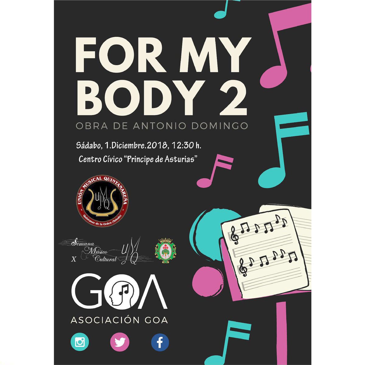 AsociacionGOA's tweet photo. 📆 El próximo sábado 1 de diciembre estaremos en Quintanar de la Orden (Toledo), con la #unionmusicalquintanareña, haciendo el #ForMyBody2, obra del maestro @_antoniodomingo
¡Os esperamos!
#ComponesTuFuturo #NosImportaLaMúsica #bodypercussion #música #GOA https://t.co/4bsej4Ye1W
