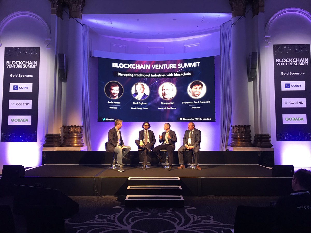BVentureSummit's tweet photo. Last session of the day: #bvslondon18:  Arda Kutsal,  Birol Ergüven, Douglas Salt and Francesco Boni Guinicelli are talking about Disrupting traditional industries with blockchain. https://t.co/UtvbiunzIJ
