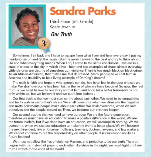 A terrible tragedy happened yesterday in our Milwaukee community. Last night 8th grader Sandra Parks was killed by a stray bullet while in her own home. She was a 2016-17 winner of the Dr. Martin Luther King, Jr. writing contest, the subject of her essay was gun violence.