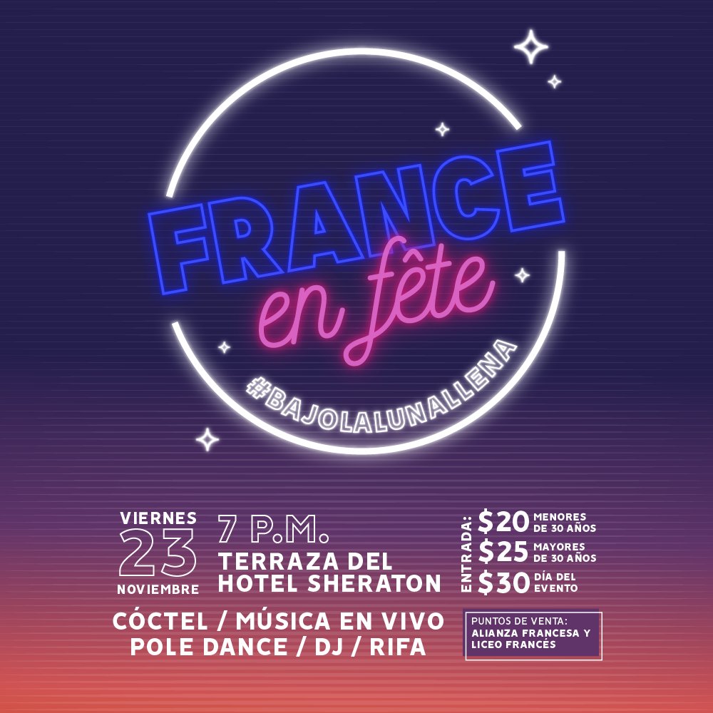 lfelsalvador1's tweet photo. #FranceEnFete2018 #FEF2018
¿Ya tienen sus entradas para France en Fête?
No olviden comprarlas antes del evento en la Alianza Francesa y en el Liceo Francés.
Queremos agradecer a nuestros generosos patrocinadores que nos apoyan con el evento.
#BajoLaLunaLlena https://t.co/m7qnru0Tgz