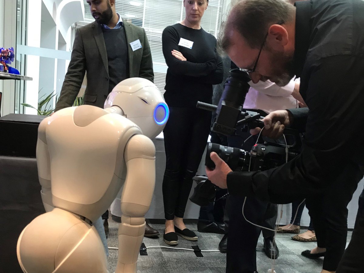thisisformative's tweet photo. As part of our coverage of DLF 's most recent event on AI, automation and the future of work, Piotr and Alex went to film some of the special guests. Not the best at interviews but pretty good considering they're robots. @DLFmembers #ai #automation #digitalleadershipforum #work https://t.co/N1q9WGayeM