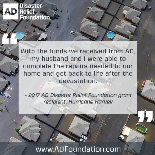 16 AD member employees have lost their homes in the California Wildfires &amp; Hurricane Michael. The AD Community can help them recover. Visit adfoundation.com to learn how you can help. 100% of donations are distributed to those in need. #TogetherWeHelp