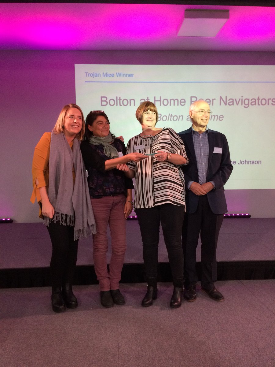 Collecting their very well deserved award at the #NNHSASummit2018 are Bernie and Sara two of our wonderful Peer Navigators supported by Lisa . This is for Shelley too who couldn’t make it today . Winners of the “the Trojan Mice” award for their inspirational work in Bolton.