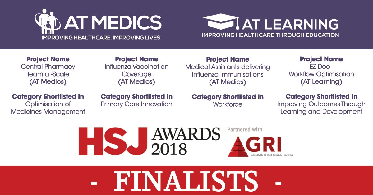 ATMedics's tweet photo. Super excited to be attending the @HSJ_Awards tonight - we've been shortlisted for 4 awards (3 x @ATMedics & 1 x @at_learning). Wishing all finalists all the best and a great evening inspired by excellence!! #goodtogreat #PrimaryCare #futureprimarycare #NHS #transformthenhs https://t.co/i0qw1pxPbG