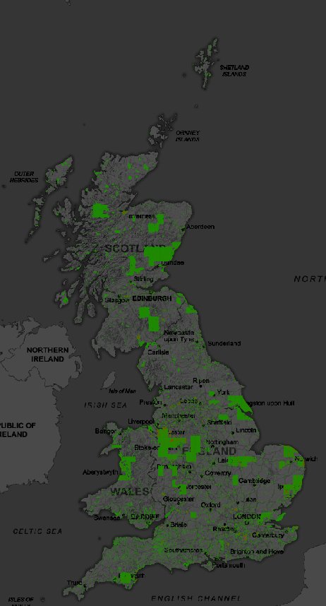Changes to the Ordnance Survey MasterMap at the last update, as of 3 October. Published 22 October. Green is low; red is high.