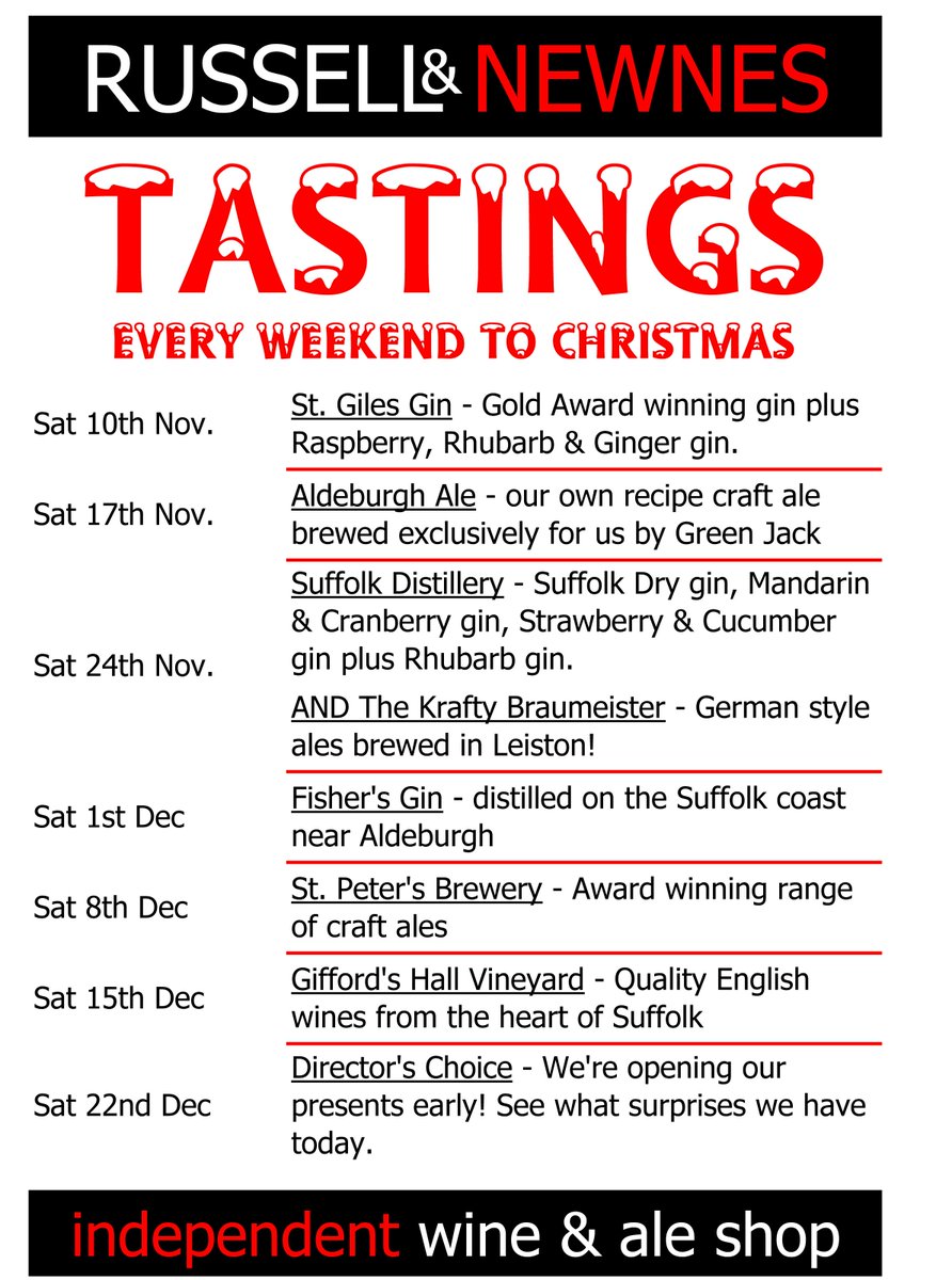 Russell_Newnes's tweet photo. Tastings EVERY weekend until Christmas in #aldeburgh shop, see attached. Hosted Gin Tastings by @SuffolkGin &amp; @Fishers_Gin Hosted Ale Tastings by @kraftybraumeist &amp; @StPetersBrewery  AND English Wine Tasting hosted by @giffordshall PLUS our own surprise on the 22nd!🍸🍷🍺🍾 https://t.co/XSCOE4x37L