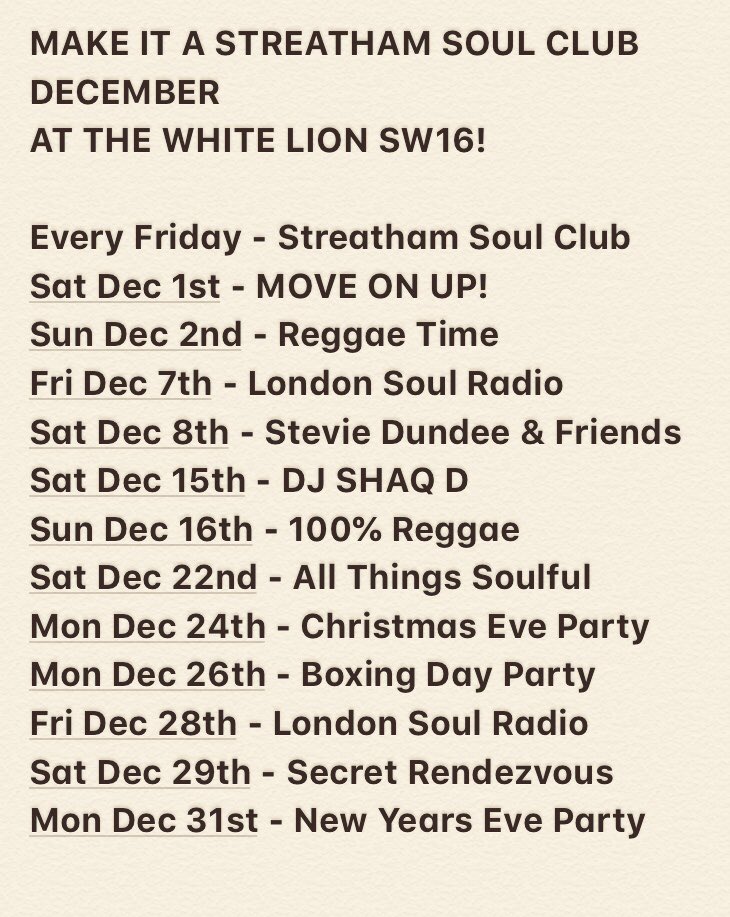 SW16SoulClub's tweet photo. Make it a Streatham Soul Club December. Check this out for a month of the best in DJ entertainment!! https://t.co/0gX3NN96Tp