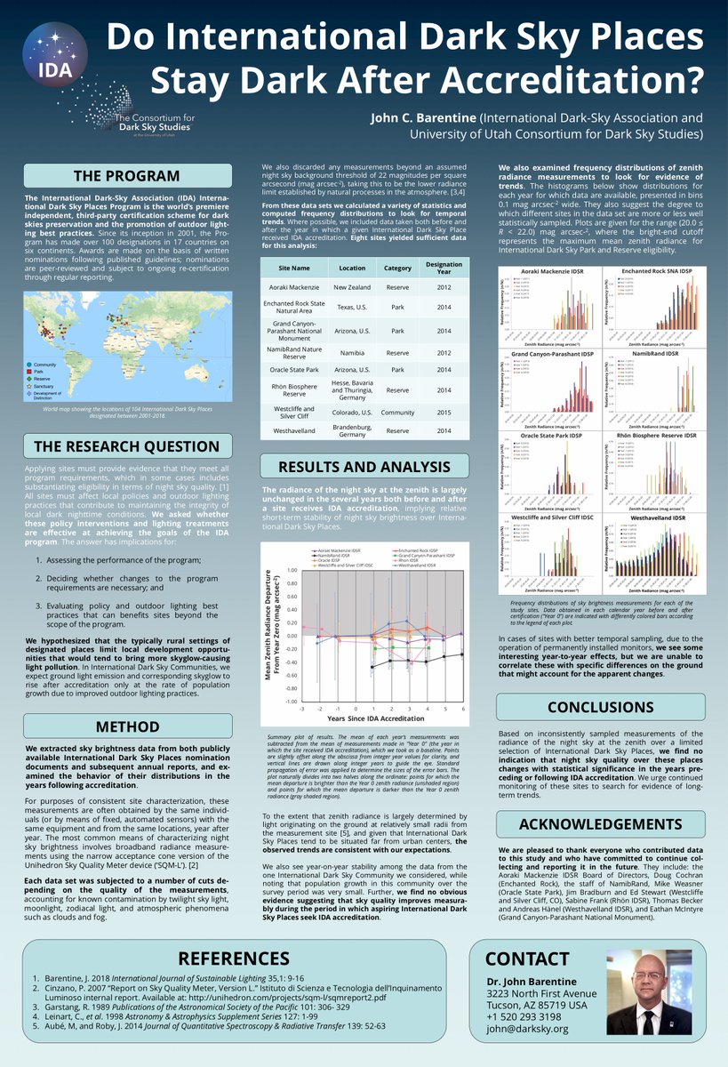 JohnBarentine's tweet photo. Following @pendoley_turtle's lead, here's my #ALAN2018 poster from last week. It's a work in progress, suggesting the kinds of questions we can begin to address with multiple years of sky brightness data taken from within (and adjacent to) a number of @IDADarkSky Places. https://t.co/lZCONznIkJ
