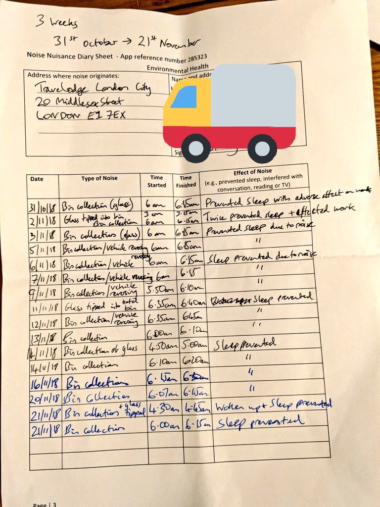 will__dave's tweet image. Furious that @BiffaService bin collections from @TravelodgeUK London City have woken us up 16 times at 6am or earlier in last 3 weeks. 4:30am was a particular highlight.

Sadly Biffa and Travelodge don't care enough to do anything. 

📷 of our @TowerHamletsNow noise complaint
