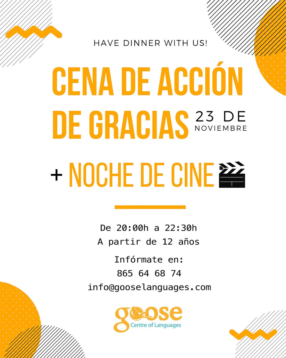 GooseLanguages's tweet photo. RESERVA TU PLAZA para el 23/11
Este viernes haremos cena de Acción de Gracias para niños a partir de 12 años. Plazas limitadas. Todos los detalles llamando al 865 64 68 74 https://t.co/Srxo3Su6qQ