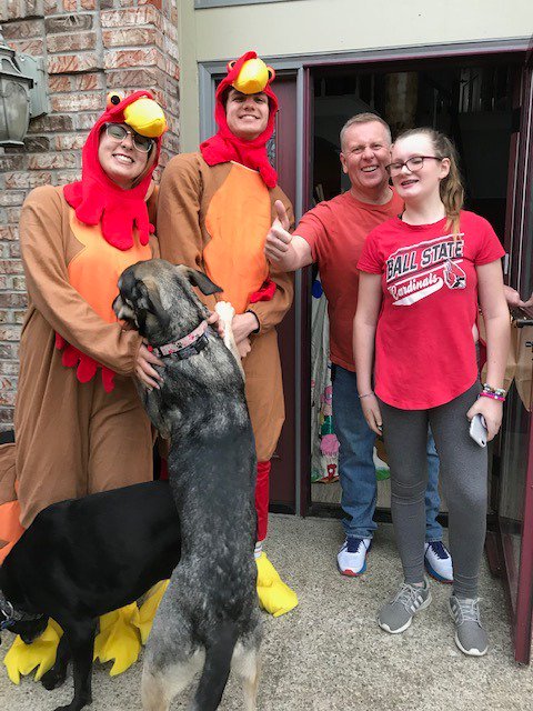 Event mascots Tina and Tommy Gobbler surprised the Goldthorpes of Zionsville with some event swag as their family were among the 2,000th runners to sign up for ZGravyChase 2018.  Brian and daughter Bridget and their dogs are ready to go. Day of sign up from 7-8 am at Rush on Main