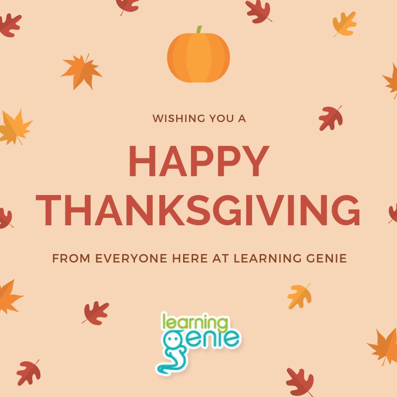 LearningGenie's tweet photo. As we celebrate Thanksgiving here in the office, we want to say thank you to all of our users and partners. Hereโs to another year of giving thanks for all our blessings. Happy Thanksgiving wishes for everyone! #ThanksgivingEve #learninggenie https://t.co/K8ni7K0vSh