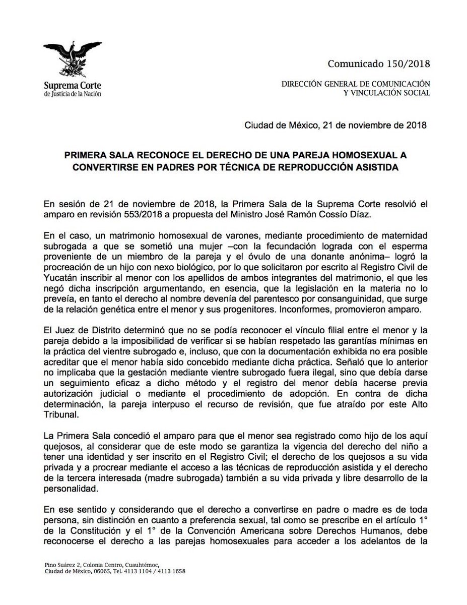 SCJN's tweet photo. Primera Sala reconoce el derecho de una pareja homosexual a convertirse en padres por técnica de reproducción asistida: https://t.co/H10J8y3gDi https://t.co/qduYMozR8F