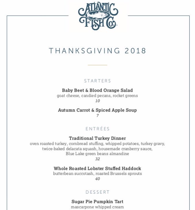 atlanticfishbos's tweet photo. Need reservations for #Thanksgiving in #boston tomorrow?  Let us take care of it. https://t.co/aN29X3oUcN
