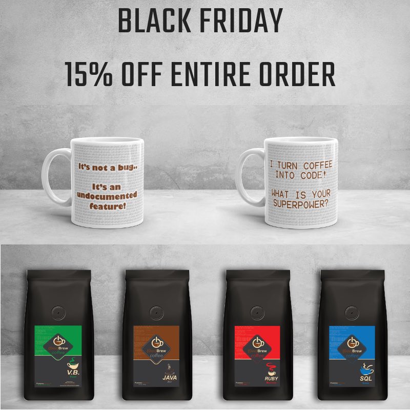 devbrewcoffee's tweet photo. 15% off your entire order starting on Black Friday until Cyber Monday! Plus FREE shipping on coffee! Do not miss out!
.
.
.
.
#blackfriday #devbrew #devbrewcoffee #coffee #coffeeholic #coffeelover #softwaredeveloper #softwaredevelopment #coffeeaddict #coffeelife #coffeemug https://t.co/YnKSwJb4Tw