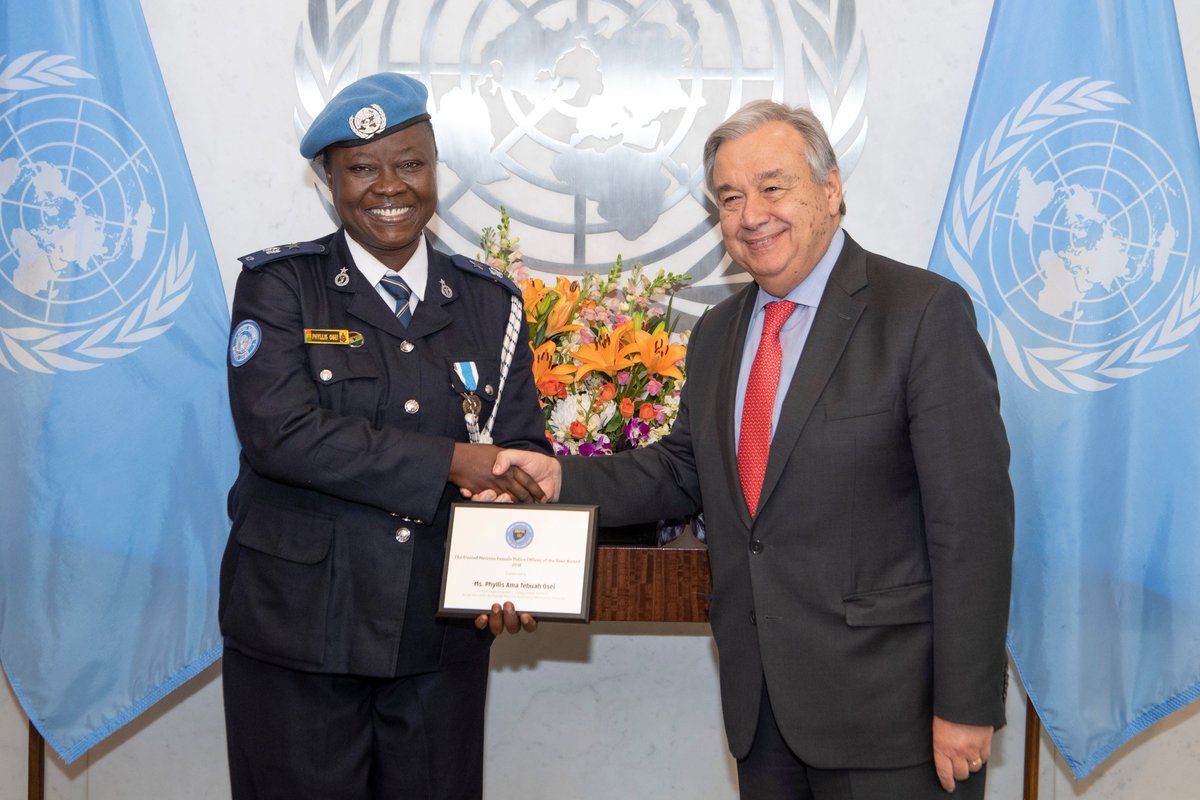 Congratulations to Phyllis Ama Tebuah Osei, UN Female Police Officer of the year, who works in our Mission in Somalia. She is a shining example of how women contribute directly to peace and impact the communities and people we serve. bit.ly/2QaFVsR