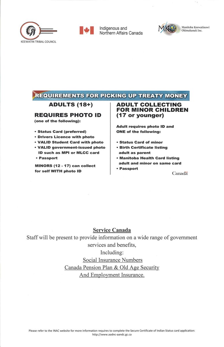 TNRC_MB's tweet photo. The schedule for Thompson Secure Certificate of Indian Status (SCIS) Cards &amp; Treaty Payments are below. *Remember to bring your ID's* Please see the posters below for the requirements. https://t.co/0e7IgTBhAs