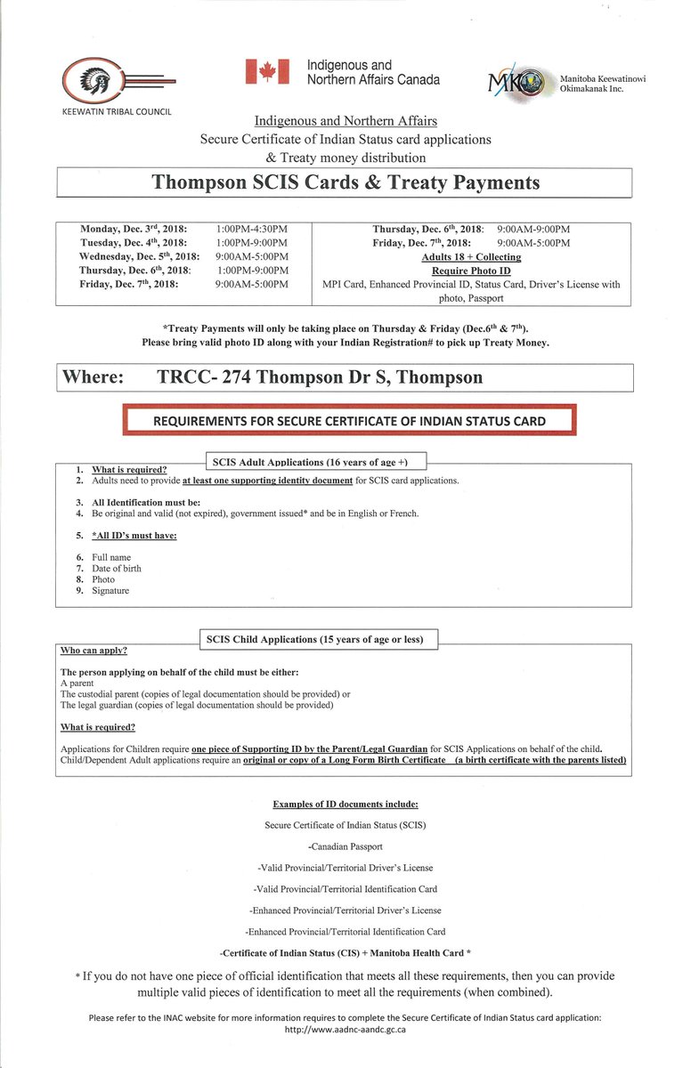 TNRC_MB's tweet photo. The schedule for Thompson Secure Certificate of Indian Status (SCIS) Cards &amp; Treaty Payments are below. *Remember to bring your ID's* Please see the posters below for the requirements. https://t.co/0e7IgTBhAs
