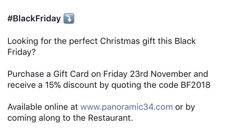 Panoramic34's tweet image. ⚫️ Black Friday Competition ⚫️

Like &amp;amp; Retweet this post before midnight on Friday 23rd November to be in with a chance of winning a £100 Gift Card for Panoramic 34.

Like | Retweet | Win 🎁

The Winner will be announced on Saturday 24th November. 
#BlackFriday
